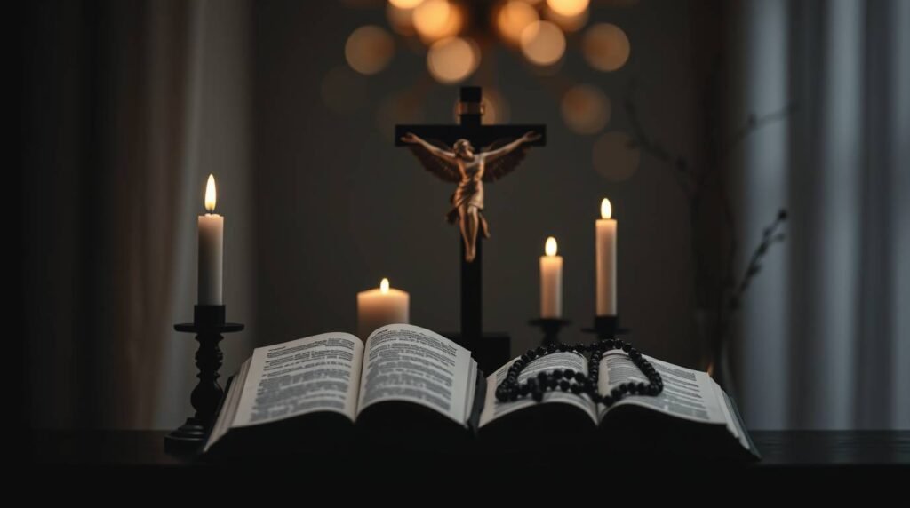 Bild eines Tisches in einer Kirche mit einer offenen Bibel, einem Rosenkranz darauf, brennenden Kerzen drumherum und einer kleinen Statue von Christus am Kreuz.
