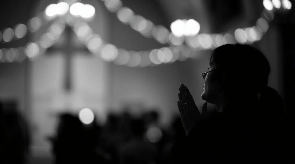 Schwarz-Weiß-Bild einer betenden Frau in einer Kirche mit farbigen Lichtern an der Decke und einem Kreuz auf dem Sockel im Hintergrund, der Hintergrund ist unscharf