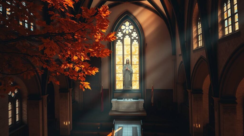 Bild der Christusstatue auf dem Sockel einer verlassenen Kirche mit Sonnenstrahlen, die durch die Fenster fallen und dem Bild Christi, das sich auf dem Boden spiegelt