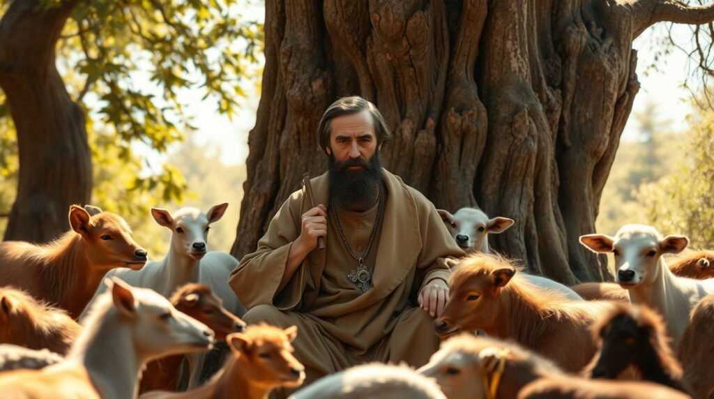 Bild eines alten Mannes, der im Wald unter einem Baum sitzt und von einer Gruppe von Tieren umgeben ist
