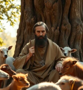 Bild eines alten Mannes, der im Wald unter einem Baum sitzt und von einer Gruppe von Tieren umgeben ist