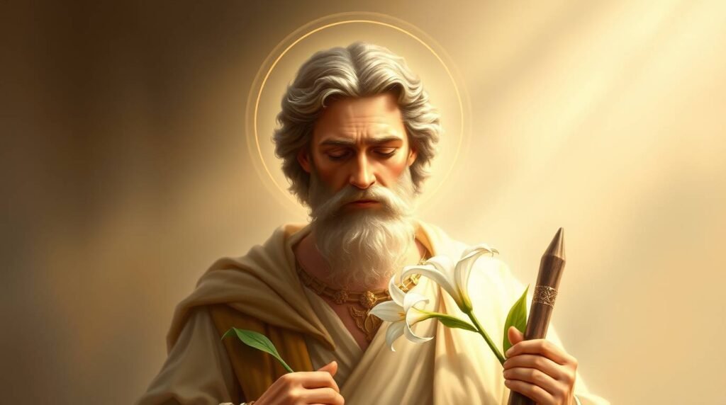 Bild von San Jose im Profil mit einem Strauß weißer Rosen in den Händen und geschlossenen Augen. In der oberen rechten Ecke erleuchtet ihn ein göttliches Licht. Im Hintergrund ein braunes Bild.