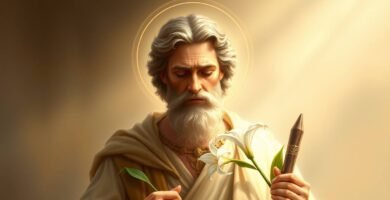 Bild von San Jose im Profil mit einem Strauß weißer Rosen in den Händen und geschlossenen Augen. In der oberen rechten Ecke erleuchtet ihn ein göttliches Licht. Im Hintergrund ein braunes Bild.