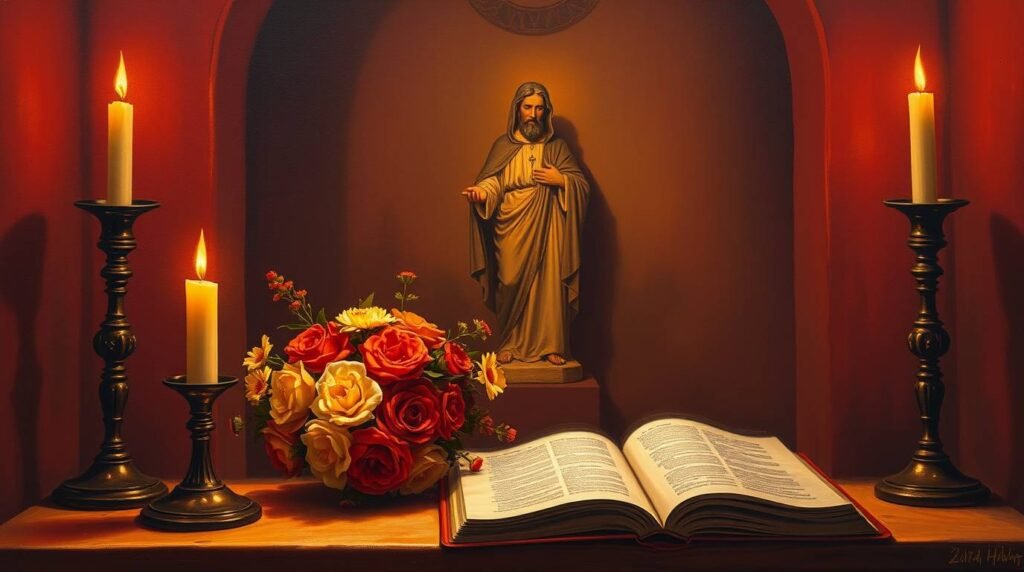 Bild eines Sockels mit der Statue von Jesus Christus, Rosen an der Seite, einer offenen Bibel unten und brennenden Kerzen darum herum