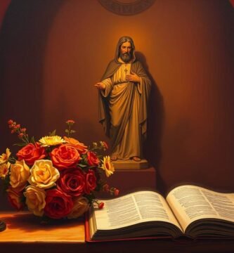 Bild eines Sockels mit der Statue von Jesus Christus, Rosen an der Seite, einer offenen Bibel unten und brennenden Kerzen darum herum