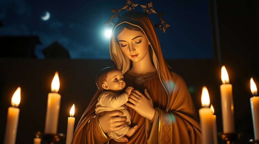 Bild der Statue der Jungfrau Maria mit einem Kind in ihren Armen, umgeben von Kerzen und dem Nachthimmel mit dem Mond im Hintergrund