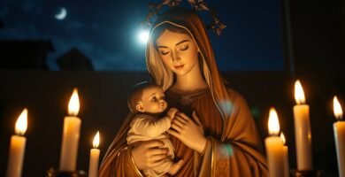 Bild der Statue der Jungfrau Maria mit einem Kind in ihren Armen, umgeben von Kerzen und dem Nachthimmel mit dem Mond im Hintergrund