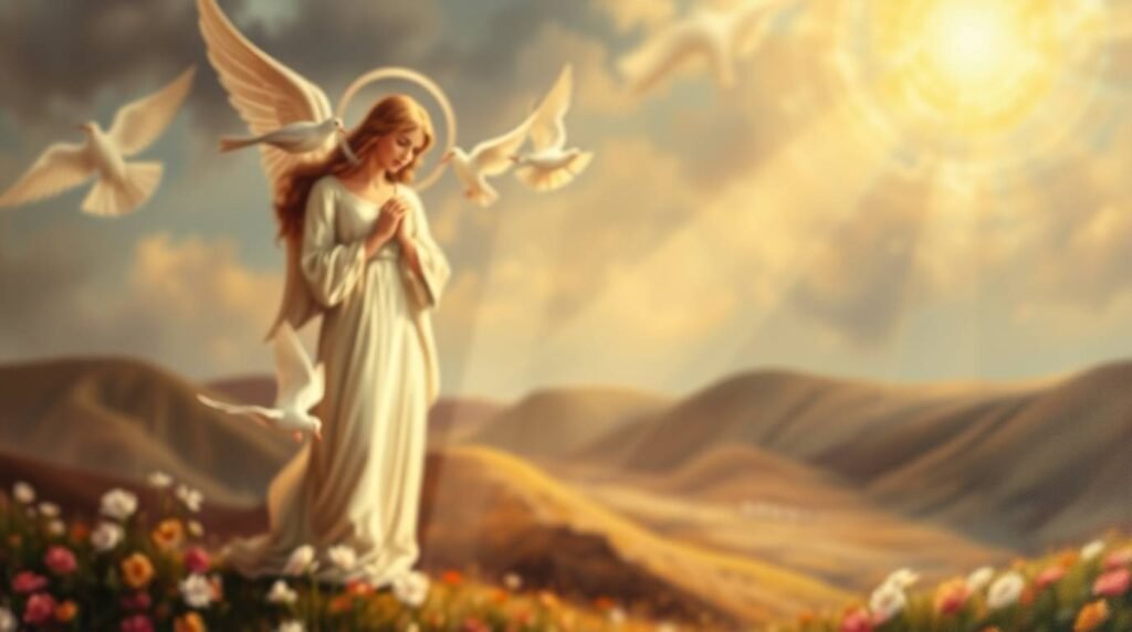 Bild des Schutzengels mit den Händen auf der Brust inmitten eines Blumenfeldes, um das weiße Tauben fliegen und die Sonne Lichtstrahlen aussendet, die die gesamte Szene erhellen.
