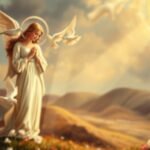 Bild des Schutzengels mit den Händen auf der Brust inmitten eines Blumenfeldes, um das weiße Tauben fliegen und die Sonne Lichtstrahlen aussendet, die die gesamte Szene erhellen.