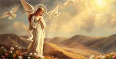 Bild des Schutzengels mit den Händen auf der Brust inmitten eines Blumenfeldes, um das weiße Tauben fliegen und die Sonne Lichtstrahlen aussendet, die die gesamte Szene erhellen.