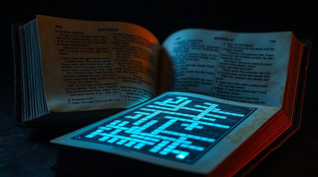 Bild einer in zwei Hälften aufgeschlagenen Bibel neben einem Buch an der Seite mit einem leuchtend blauen Kreuzworträtsel auf dem Cover, alles in einer dunklen, schwach beleuchteten Umgebung.