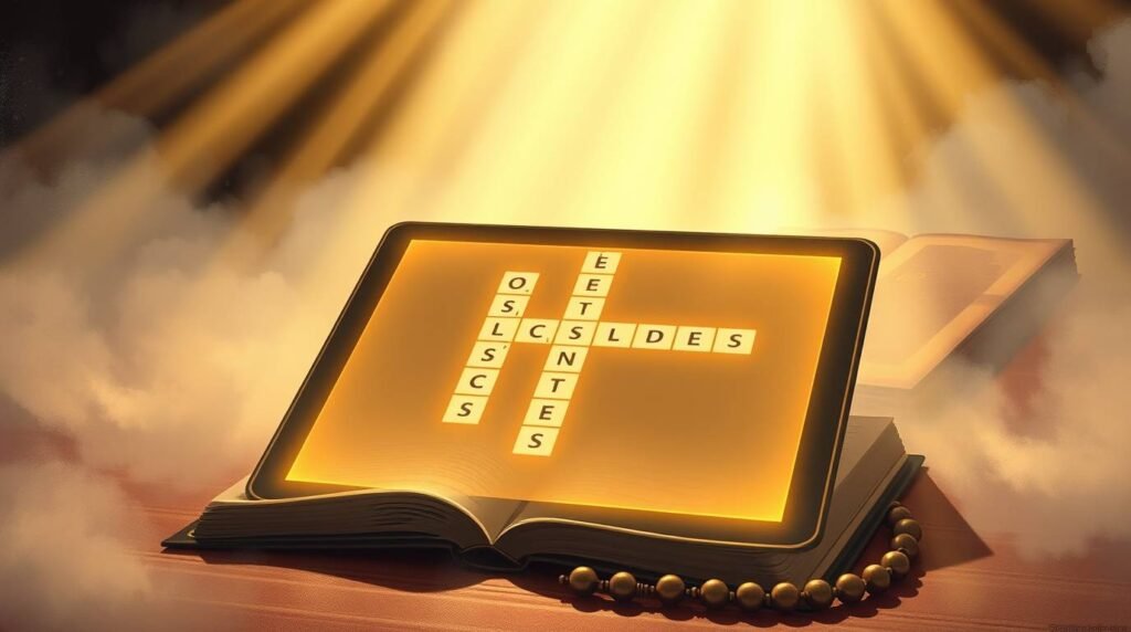 Bild eines Tablets mit einem Kreuzworträtsel auf dem Bildschirm über einer halb geöffneten Bibel und einem Rosenkranz. Vom Himmel fällt ein göttliches Licht, das das gesamte Bild erhellt und ihm eine göttliche Aura verleiht