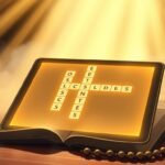 Bild eines Tablets mit einem Kreuzworträtsel auf dem Bildschirm über einer halb geöffneten Bibel und einem Rosenkranz. Vom Himmel fällt ein göttliches Licht, das das gesamte Bild erhellt und ihm eine göttliche Aura verleiht