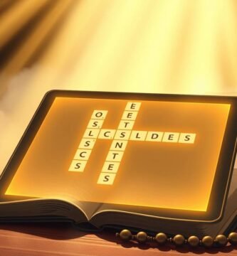 Bild eines Tablets mit einem Kreuzworträtsel auf dem Bildschirm über einer halb geöffneten Bibel und einem Rosenkranz. Vom Himmel fällt ein göttliches Licht, das das gesamte Bild erhellt und ihm eine göttliche Aura verleiht