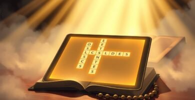 Bild eines Tablets mit einem Kreuzworträtsel auf dem Bildschirm über einer halb geöffneten Bibel und einem Rosenkranz. Vom Himmel fällt ein göttliches Licht, das das gesamte Bild erhellt und ihm eine göttliche Aura verleiht