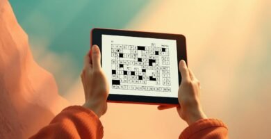 Bild von zwei Händen, die ein Tablet mit einem Kreuzworträtsel auf dem Bildschirm halten. Im Hintergrund ist ein Himmel im Aquarellstil zu sehen, aus dem ein intensives Licht herabfällt und dem Bild eine religiöse Aura verleiht.