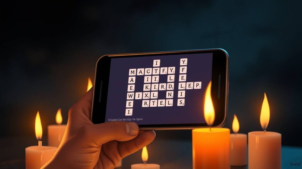 Bild einer Hand, die ein Mobiltelefon mit einem 6-Buchstaben-Kreuzworträtsel auf dem Bildschirm hält, darum herum brennen Kerzen und im Hintergrund ein Farbverlauf zwischen Schwarz und Blau, der dem Bild eine mystische Aura verleiht.