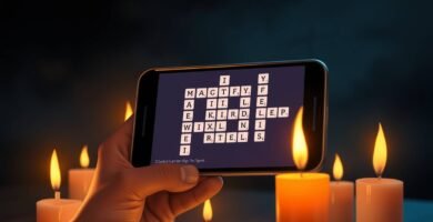 Bild einer Hand, die ein Mobiltelefon mit einem 6-Buchstaben-Kreuzworträtsel auf dem Bildschirm hält, darum herum brennen Kerzen und im Hintergrund ein Farbverlauf zwischen Schwarz und Blau, der dem Bild eine mystische Aura verleiht.