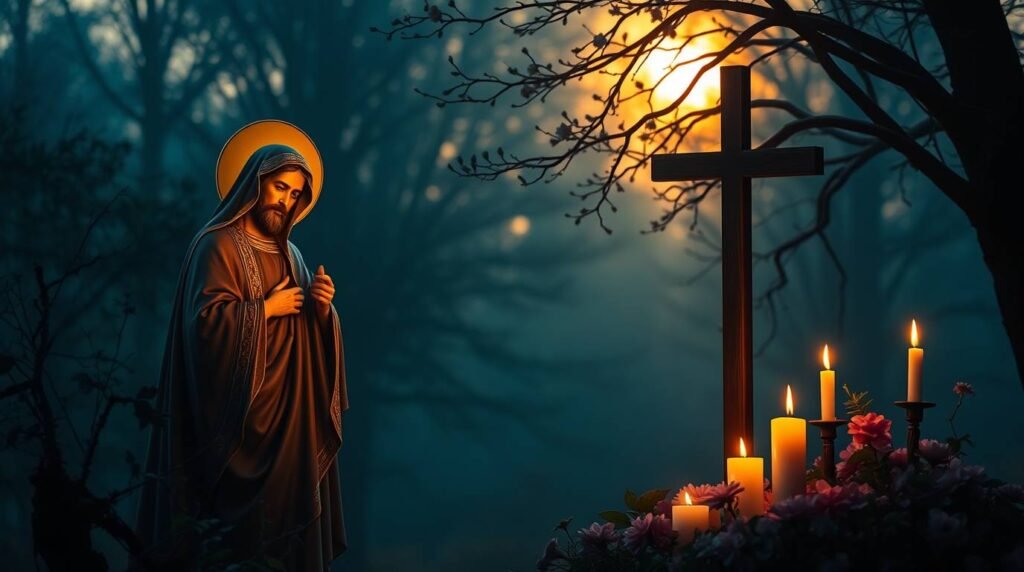 Bild von Jesus Christus, der auf dem Feld neben einem Sockel mit einem Kreuz in der Mitte, Blumen und brennenden Kerzen betet