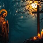 Bild von Jesus Christus, der auf dem Feld neben einem Sockel mit einem Kreuz in der Mitte, Blumen und brennenden Kerzen betet