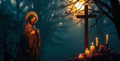 Bild von Jesus Christus, der auf dem Feld neben einem Sockel mit einem Kreuz in der Mitte, Blumen und brennenden Kerzen betet