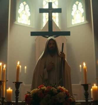 Bild eines Priesters in weißer Tracht am Altar einer Kirche mit einem Kreuz darüber, Blumen darunter und brennenden Kerzen drumherum. Im Hintergrund sind drei Fenster zu sehen, durch die Lichtstrahlen scheinen und die dunkle Szene erhellen.