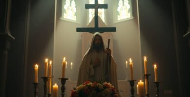 Bild eines Priesters in weißer Tracht am Altar einer Kirche mit einem Kreuz darüber, Blumen darunter und brennenden Kerzen drumherum. Im Hintergrund sind drei Fenster zu sehen, durch die Lichtstrahlen scheinen und die dunkle Szene erhellen.