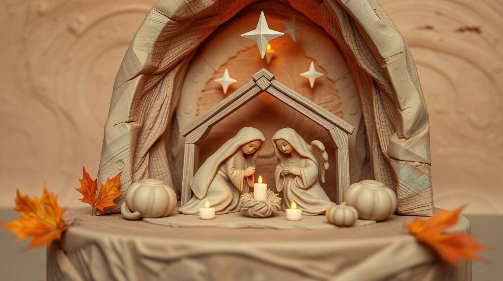 Papierbild einer Weihnachtskrippe mit zwei Frauen um eine Kerze in einer Art Krippe mit einem Stern oben drauf.