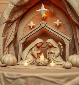 Papierbild einer Weihnachtskrippe mit zwei Frauen um eine Kerze in einer Art Krippe mit einem Stern oben drauf.