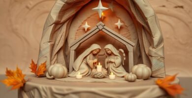 Papierbild einer Weihnachtskrippe mit zwei Frauen um eine Kerze in einer Art Krippe mit einem Stern oben drauf.