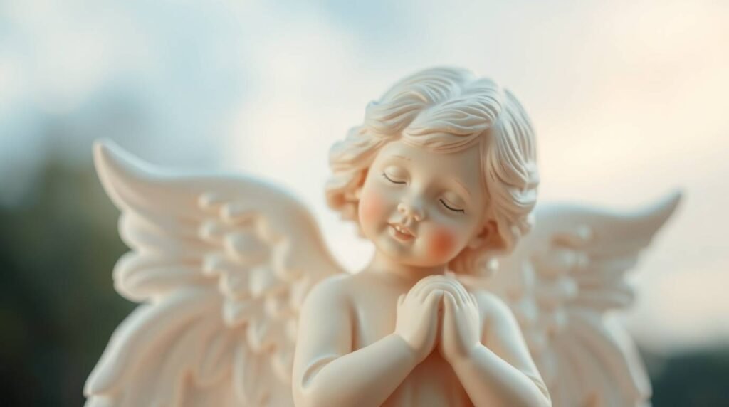 Bild einer Skulptur eines Engels in Form eines Kindes in Weiß mit geschlossenen Augen und den Händen auf der Brust, mit einer verschwommenen Landschaft im Hintergrund.