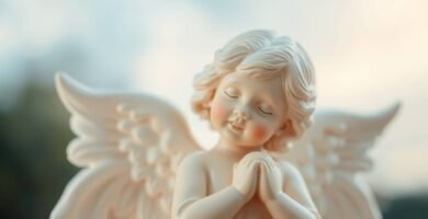 Bild einer Skulptur eines Engels in Form eines Kindes in Weiß mit geschlossenen Augen und den Händen auf der Brust, mit einer verschwommenen Landschaft im Hintergrund.