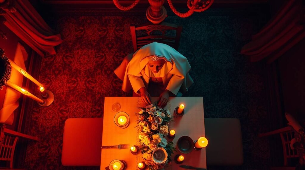 Draufsichtbild einer Person in Tracht, die an einem Tisch voller Essen und Kerzen speist. Das Bild hat eine Atmosphäre mit einem roten und blauen Ton