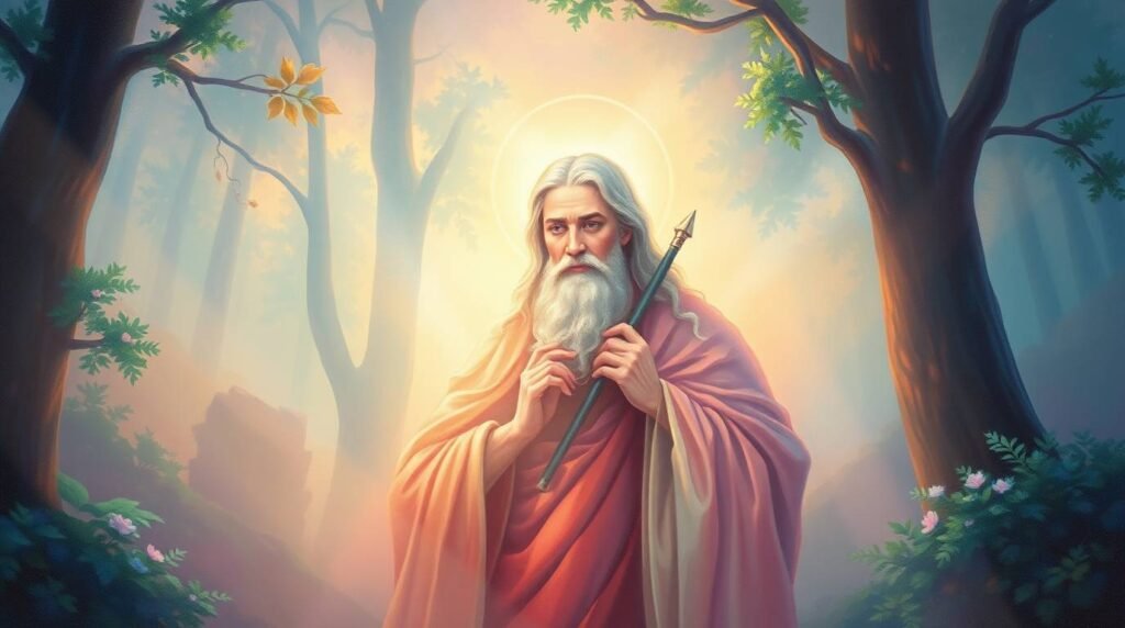 Bild eines alten Mannes mitten in einem Wald im Morgengrauen mit einem göttlichen Licht im Hintergrund, er trägt einen Stock in der Hand und das Bild hat einen Aquarellmalstil.