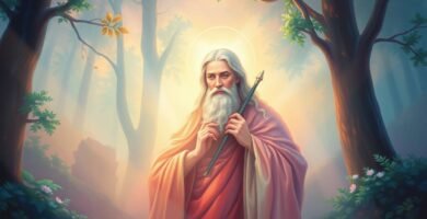 Bild eines alten Mannes mitten in einem Wald im Morgengrauen mit einem göttlichen Licht im Hintergrund, er trägt einen Stock in der Hand und das Bild hat einen Aquarellmalstil.