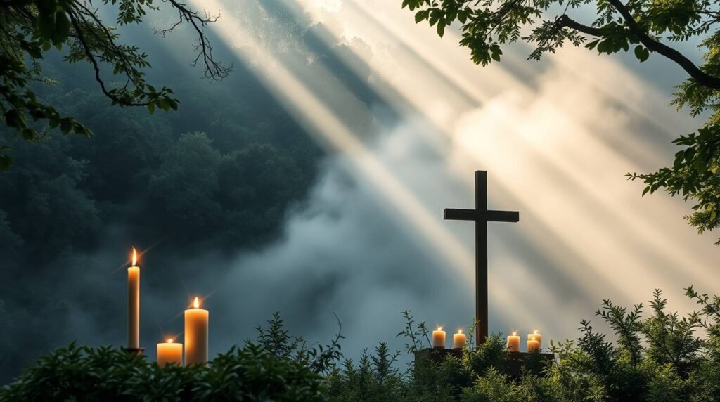 Bild eines in einem Wald vergrabenen Kreuzes, neben dem einige brennende Kerzen stehen und Lichtstrahlen vom Himmel fallen, es erleuchten und ihm eine religiöse Atmosphäre verleihen.