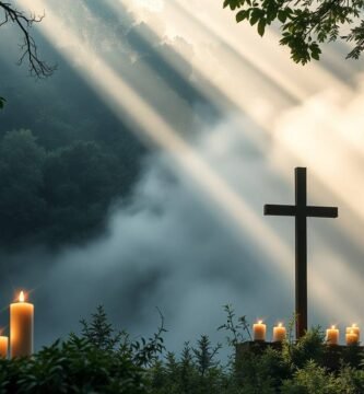 Bild eines in einem Wald vergrabenen Kreuzes, neben dem einige brennende Kerzen stehen und Lichtstrahlen vom Himmel fallen, es erleuchten und ihm eine religiöse Atmosphäre verleihen.