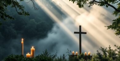 Bild eines in einem Wald vergrabenen Kreuzes, neben dem einige brennende Kerzen stehen und Lichtstrahlen vom Himmel fallen, es erleuchten und ihm eine religiöse Atmosphäre verleihen.