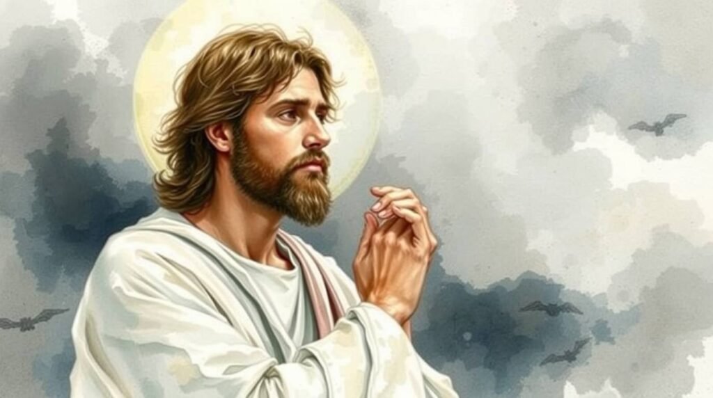 Bild im Malereistil eines Mannes, der mit gefalteten Händen zum Horizont blickt und betet, im Hintergrund eine aquarellartige Landschaft des Sonnenuntergangs mit fliegenden Vögeln und einem riesigen Mond