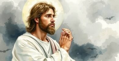 Bild im Malereistil eines Mannes, der mit gefalteten Händen zum Horizont blickt und betet, im Hintergrund eine aquarellartige Landschaft des Sonnenuntergangs mit fliegenden Vögeln und einem riesigen Mond