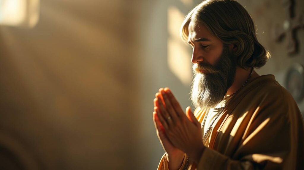 Bild eines älteren Mannes, der mit geschlossenen Augen in einem beleuchteten Raum mit einem Fenster sitzt und betet, das Licht hereinlässt