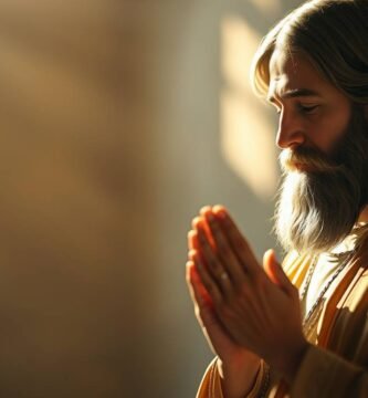 Bild eines älteren Mannes, der mit geschlossenen Augen in einem beleuchteten Raum mit einem Fenster sitzt und betet, das Licht hereinlässt