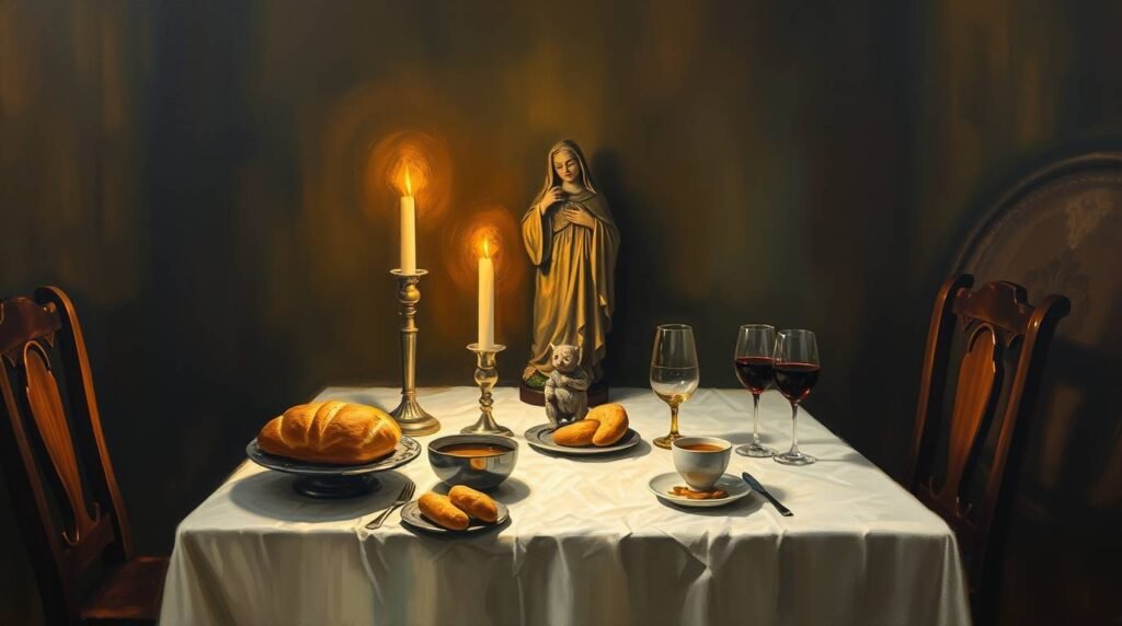 Bild im mittelalterlichen Malstil eines Tisches mit Weingläsern, Brot, Tassen, Essen, brennenden Kerzen und der Statue der Jungfrau Maria