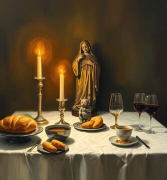 Bild im mittelalterlichen Malstil eines Tisches mit Weingläsern, Brot, Tassen, Essen, brennenden Kerzen und der Statue der Jungfrau Maria
