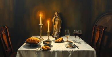 Bild im mittelalterlichen Malstil eines Tisches mit Weingläsern, Brot, Tassen, Essen, brennenden Kerzen und der Statue der Jungfrau Maria