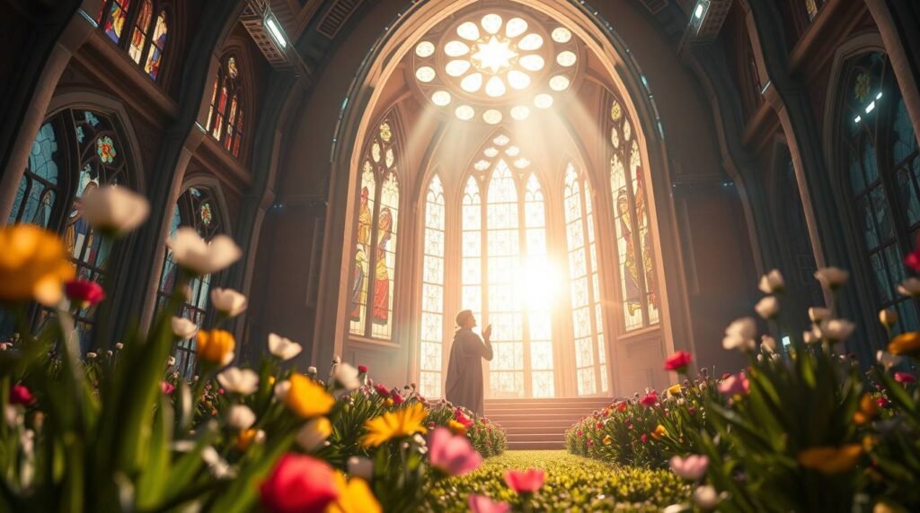 Bild des Inneren einer verlassenen Kirche mit Blumen und Pflanzen auf dem ganzen Boden, intensivem Licht, das durch die Fenster fällt, und einem Mann, der betet und dabei neben den Fenstern in den Himmel schaut.
