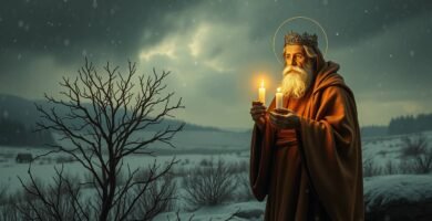 Bild eines alten Mannes mit einer Kerze, der nachts im Wald betet, während Schnee vom Himmel fällt