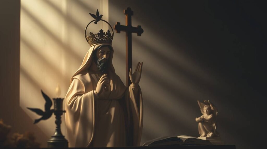 Bild der Statue eines Priesters mit Krone, der in einem dunklen Raum neben einem Kreuz und einer nicht brennenden Kerze betet. Hinter ihm befindet sich ein Fenster, durch das einige Lichtstrahlen einfallen.