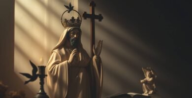 Bild der Statue eines Priesters mit Krone, der in einem dunklen Raum neben einem Kreuz und einer nicht brennenden Kerze betet. Hinter ihm befindet sich ein Fenster, durch das einige Lichtstrahlen einfallen.