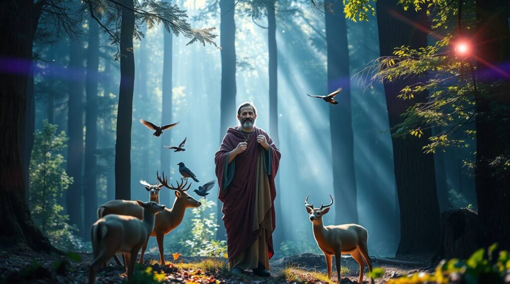 Bild des Heiligen Franziskus in der Mitte eines Feldes, umgeben von Tieren und Bäumen sowie fliegenden Vögeln. Im Hintergrund ist ein weißes Licht zu sehen, das hinter die Bäume fällt und es erleuchtet, was ihm eine göttliche Aura verleiht.